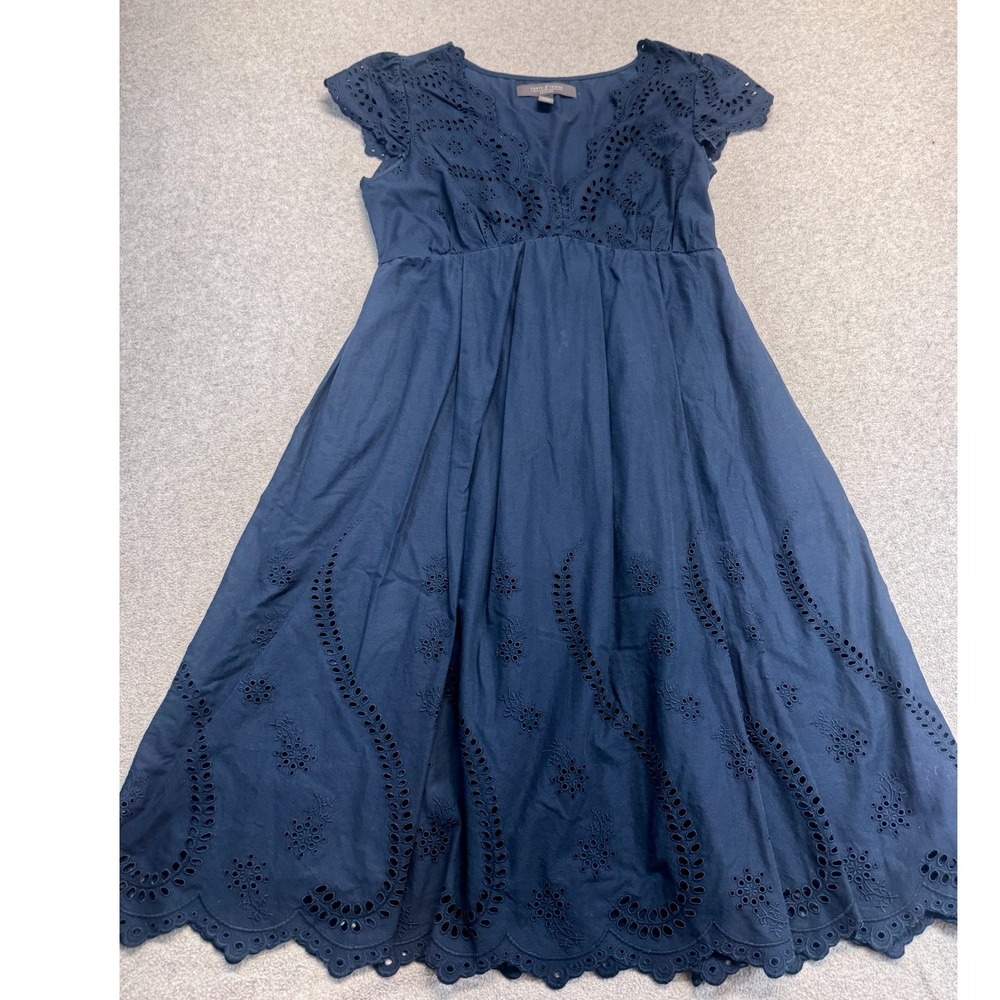 Forth & Towne Eyelet Dress Womens 4 Navy Blue Cottagecore Cap Sleeve Midi Summer